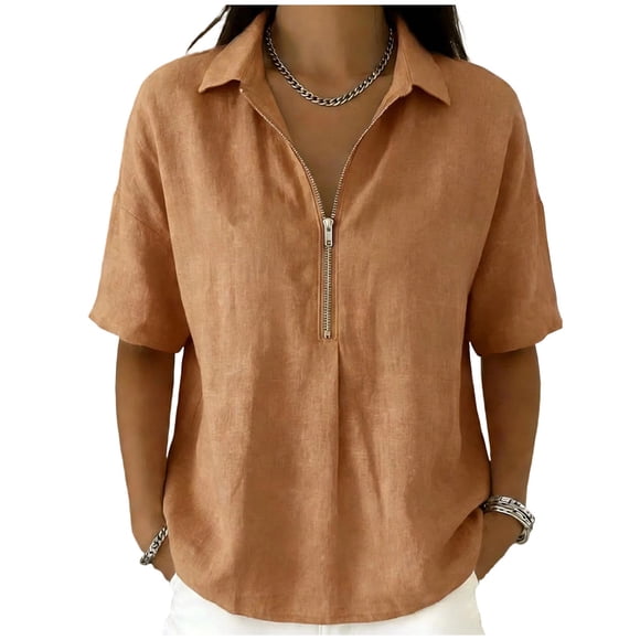 vdgthytj Short Sleeve Tops for Women Lapel Collared Loose Fitted Blouses Half Zip Pleated Lightweight Summer Casual Tops