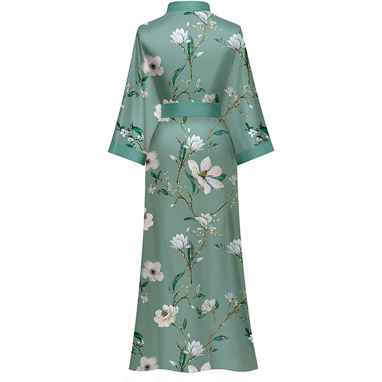 AMITOFO Long Silk Kimono Robes for Women Lightweight Silky Satin Floral  Bathrobe Soft Cozy Ladies Housecoat Loungewear