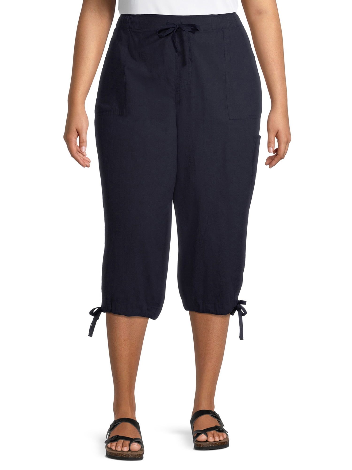 Erika - Erika Women's Plus Size Carcie Cargo Utility Soft Pull On Capris With Tie Hem Detail
