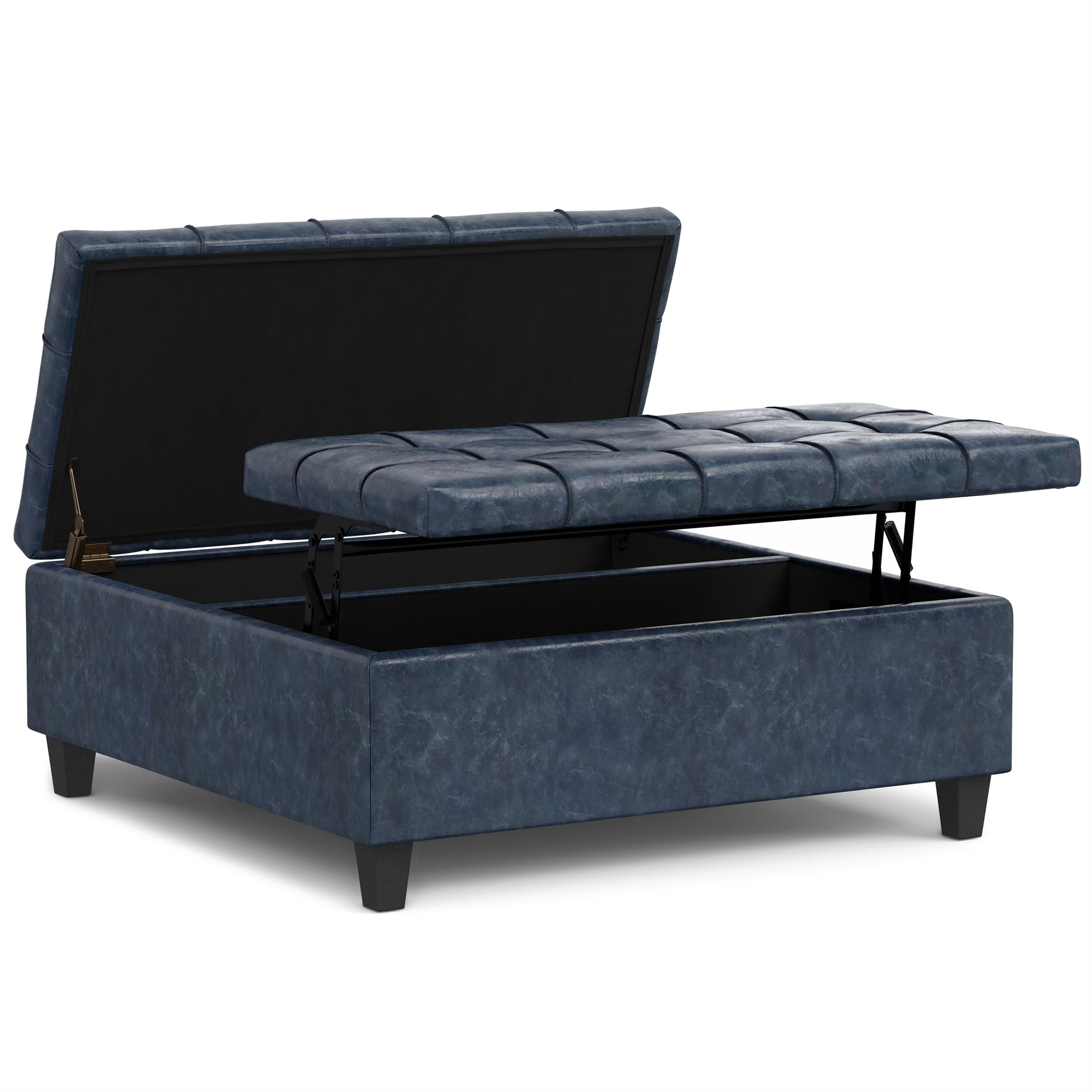 Harrison 40 inch Wide Transitional Large Square Coffee Table Storage Ottoman in Denim Blue Vegan Leather