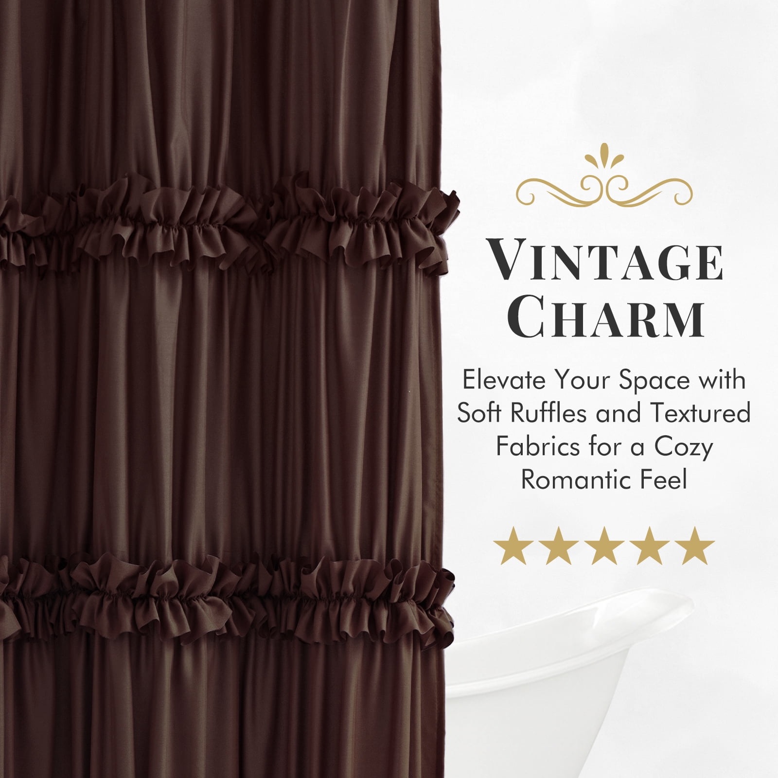 Seasonwood Ruffle Shower Curtain,Brown Tiered Fabric Bathroom Curtain for Farmhouse Decor,72 x 72 Inch