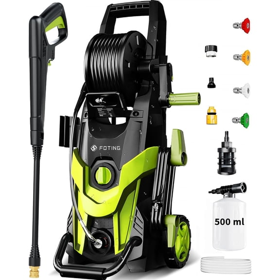 FOTING P*ress*ure Pow*er Wash*er, Inlet Hose & Filter,with 4 Quick Connect Nozzles, F*o*am Can*non for Cars/Fences/Driveways/Patios/Home Cleaning,Green