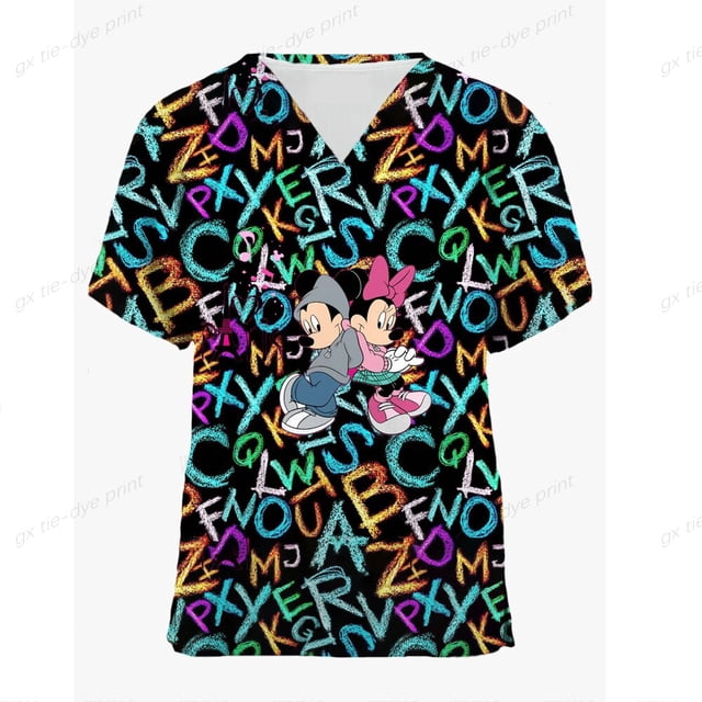 Disney Mickey Mouse cartoon print spa uniform beauty salon pet shop uniform fashion slim top scrub women's lab coat4XL Gao Jinjia LED