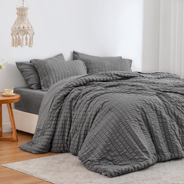 Set de edredón Love's cabin Seersucker California King, gris oscuro