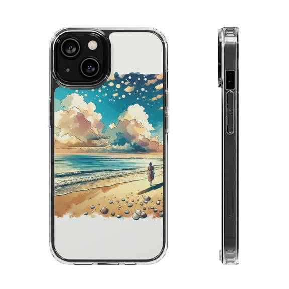 DistinctInk Hybrid (Acrylic / TPU) Clear Slim Fit Case for Apple iPhone 14 (6.1" Screen) - "Tranquil Beach Serenade: A Watercolor Masterpiece"