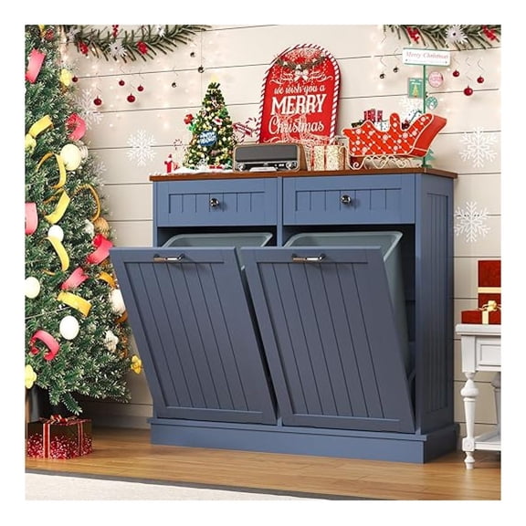 Tilt Out Trash Can Cabinet with Double Trash Bin Holder, Kitchen Free Standing Recycling Cabinet,Dog Proof Trash Can,Wood, Blue