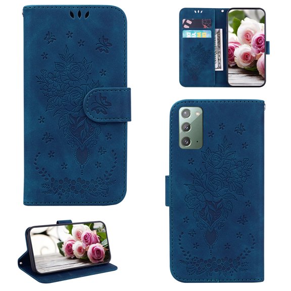 Samsung Note 20 Phone Case, Butterfly Embossed Pattern PU Leather Magnetic Folio Flip Kickstand Protective Cards Pocket with Hand Strap Wallet Cover For Samsung Galaxy Note 20, Blue
