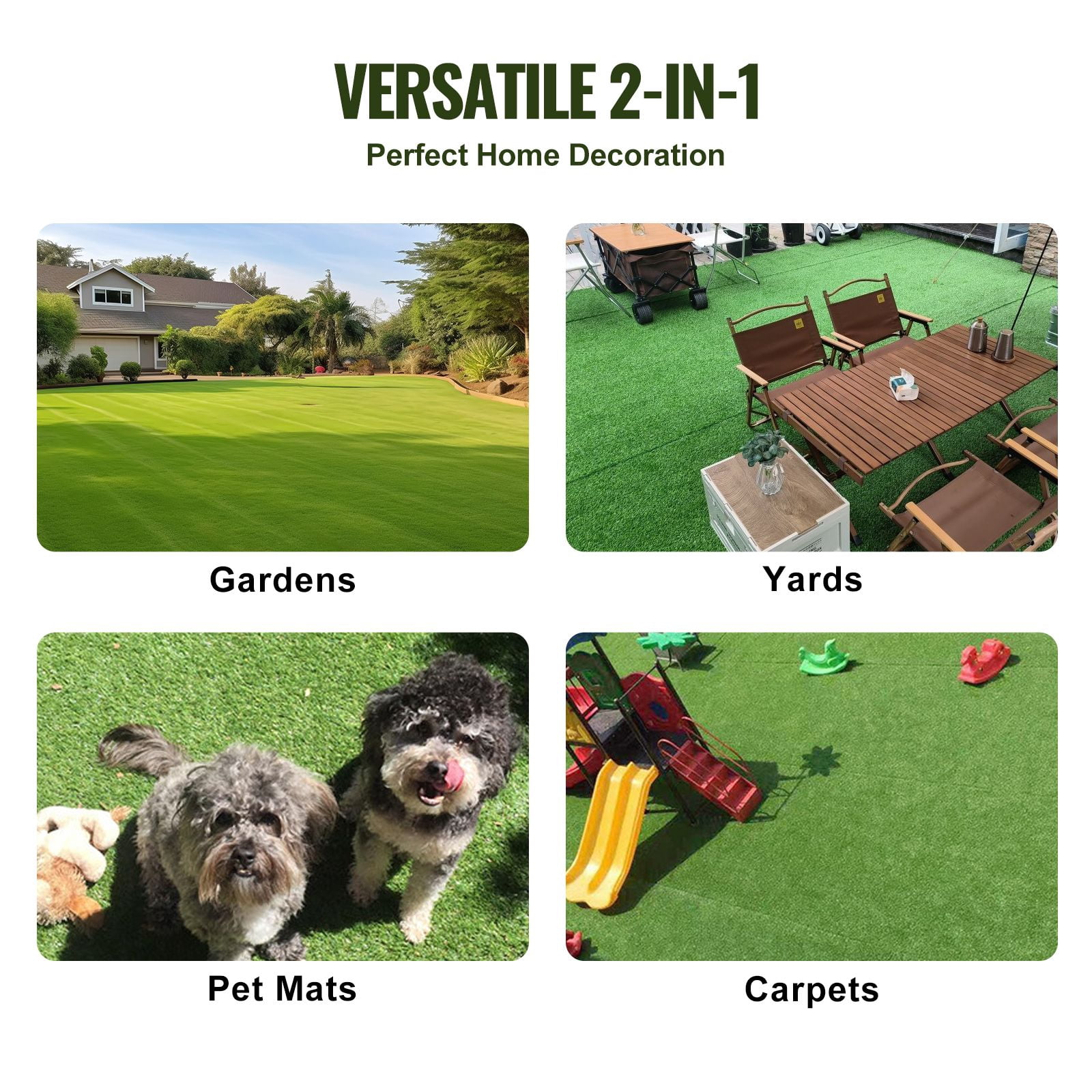 Artificial Turf 1.38" Pile Height, 17,000 Stitches/m², Four-Color PE Material, UV-Resistant, Drainage Holes, for Garden Patio Indoor