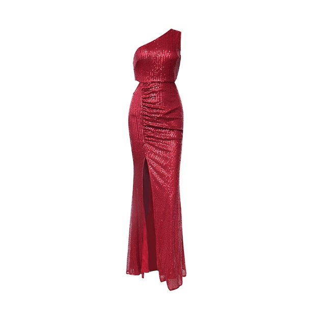 Robe de Soirée Paillettes une Épaule Sans Manches Robe Maxi V-Cou Robes Serrées Sexy
