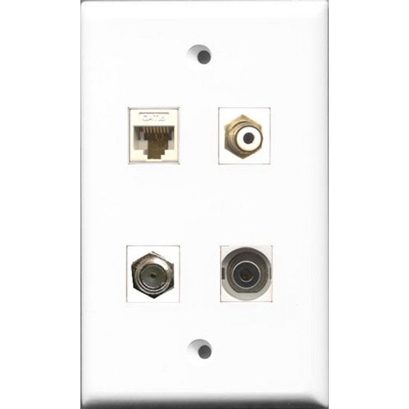 RiteAV 1 Port RCA White and 1 Port Coax Cable TV- F-Type and 1 Port 3.5mm and 1 Port Cat6 Ethernet White Wall Plate