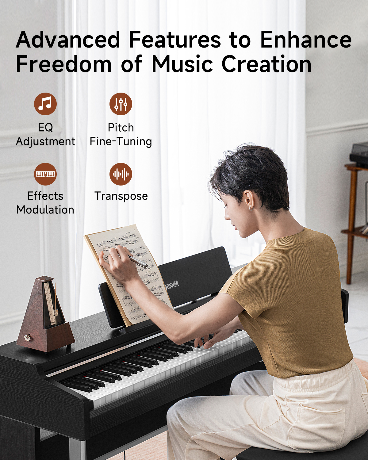 Donner DDP-200 Pro Digital Piano with 88 Key Graded Weighted Keyboard, 2.4" IPS Screen, Record, Wireless Connection, 100+ Sounds, 256 Polyphony, Full Size Piano Keyboard for Beginner, Advanced, Black