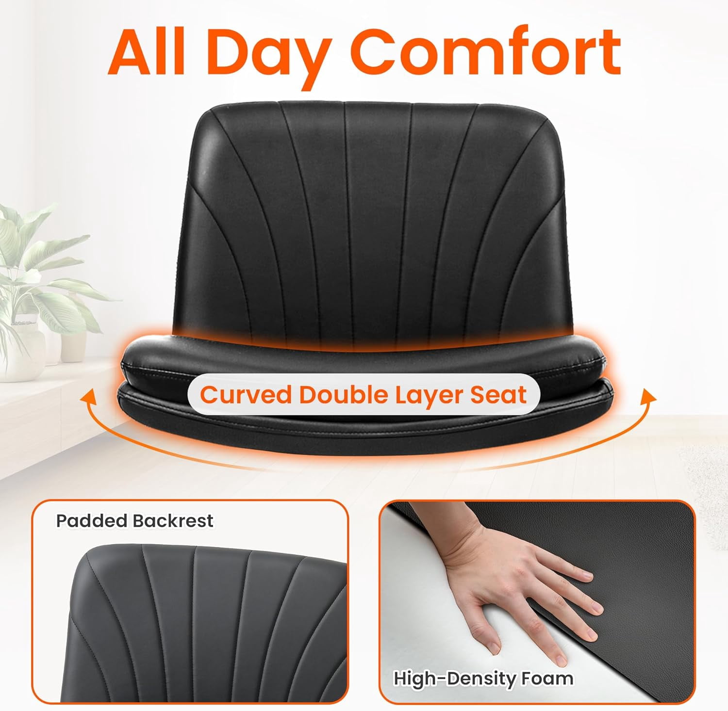 Orange Factory Criss Cross Chair with Wheels Comfy Wide Vanity Desk Chair Dual Base Leather Armless Adjustable Swivel for Home Computer Task (Black Pu, Faux Leather)
