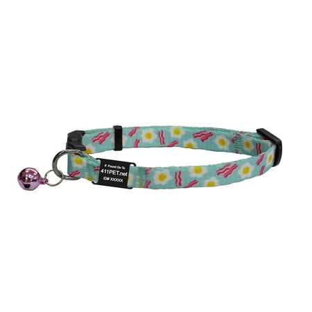 Track N Guard 1X Protective Designer Break Away Cat Collar & I.D. Tag (Bacon Eggs Blue)