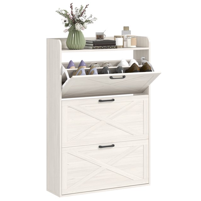 HOMCOM Armoire à Chaussures Étroite Armoire de Rangement pour Chaussures Style Ferme Chêne Blanc