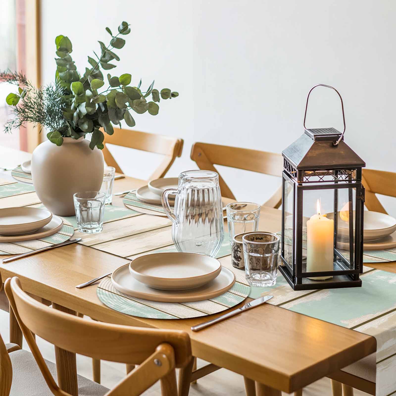 Farmhouse Vintage Round Table Placemats set of 8, Rustic Wood Texture Washable Woven Place Mats for Dining Tables Kitchen Party Decor,Heat Proof, 13in, Beige Green