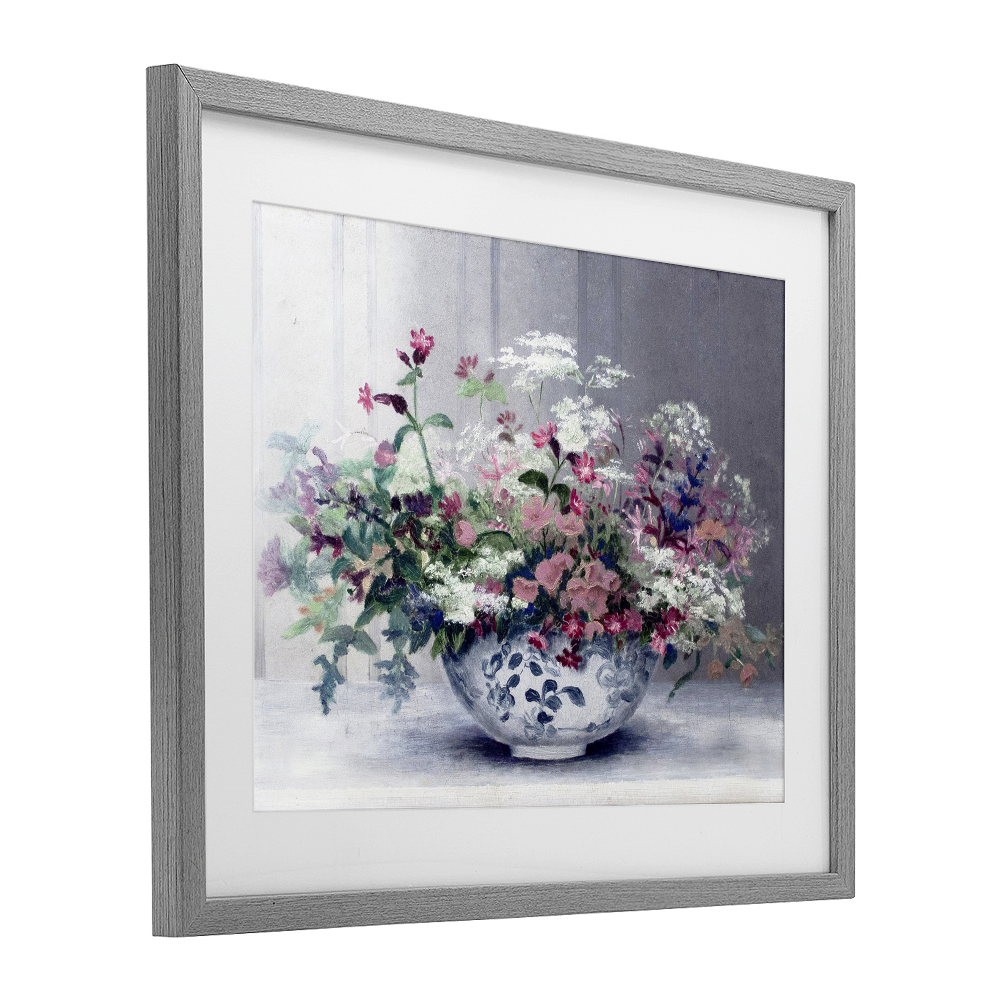 Painterly Elegant Blooms Vase Gray Framed Print Under Glass, design by Lettered and Lined