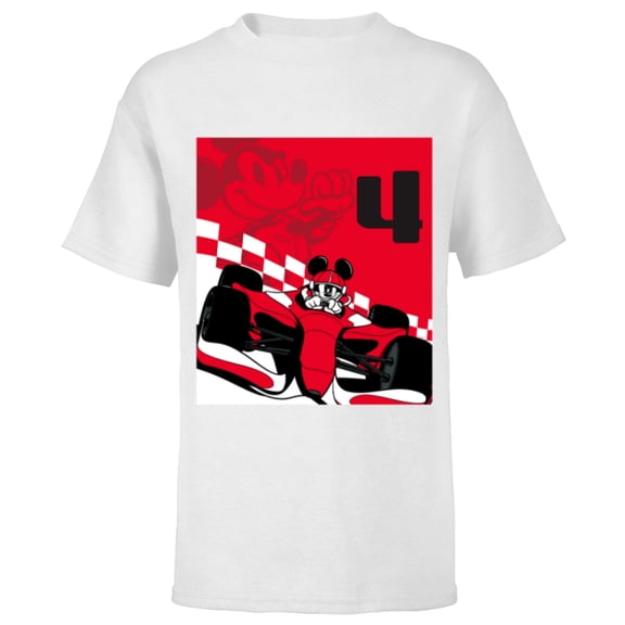 Disney Racing 4th Birthday 4 Years Old Mickey Mouse Race Car - Short Sleeve T-Shirt for Kids - Customized-White
