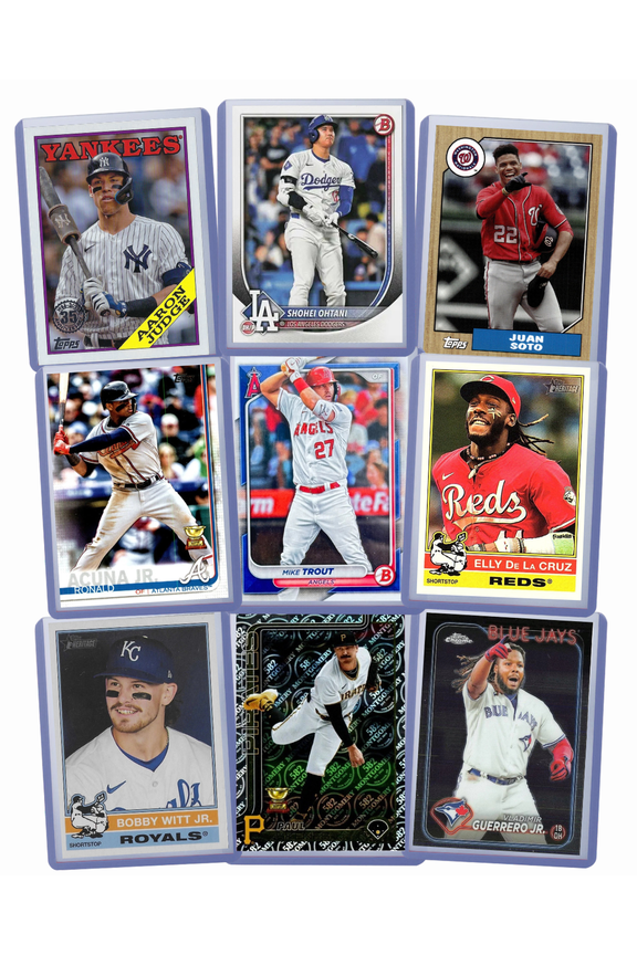9 MLB Stars Baseball Cards: Shohei Ohtani, Aaron Judge, Elly De La Cruz, Mike Trout, Ronald Acuna Jr., Bobby Witt Jr., Paul Skenes, Juan Soto, Vlad Guerrero Jr. Assorted Card Gift Pack