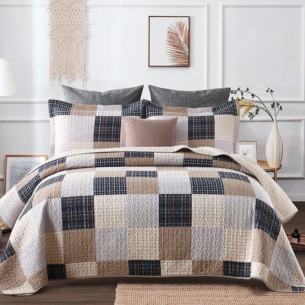 King Quilt 100 Cotton King Size Quilt, Brown Plaid Farmhouse Quilt Set