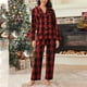 thumbnail image 1 of Karight Women's Fashion Solid Color Checkered Collar Long Sleeved Casual Rlastic Waist With Drawstring And Pockets Long Pants Set, 1 of 4