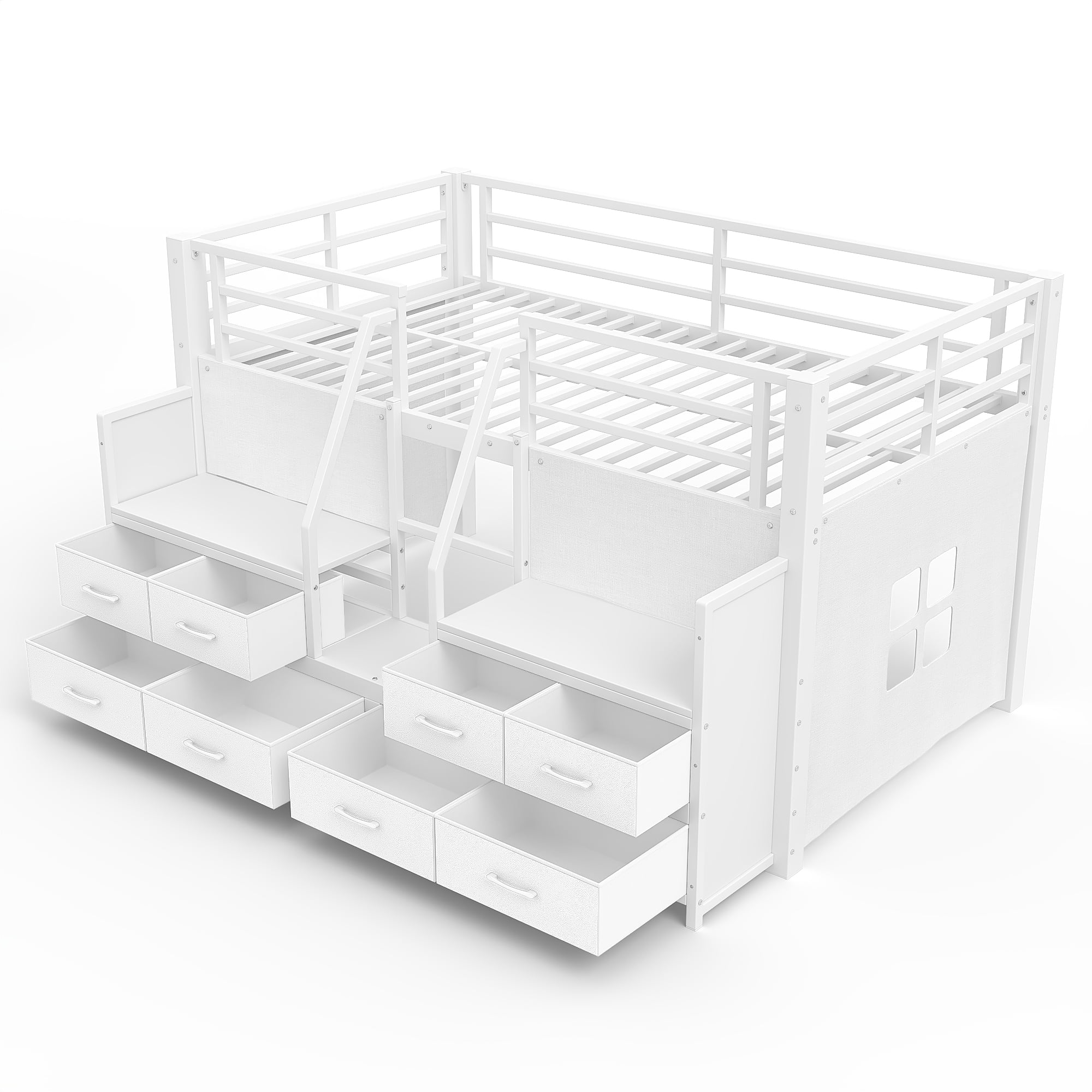 Aukfa Twin Low Loft Bed with 8 Storage Drawers, Shelves & LED Lights, Metal Loft Bed for Kids Bedroom, White