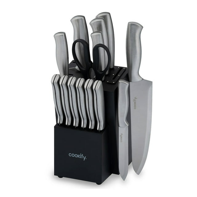 Juego de Cuchillos de Cocina COOKIFY 15 Piezas. Acero Inoxidable con Base Organizadora, Tijeras y Afilador .Color Negro/Plateado