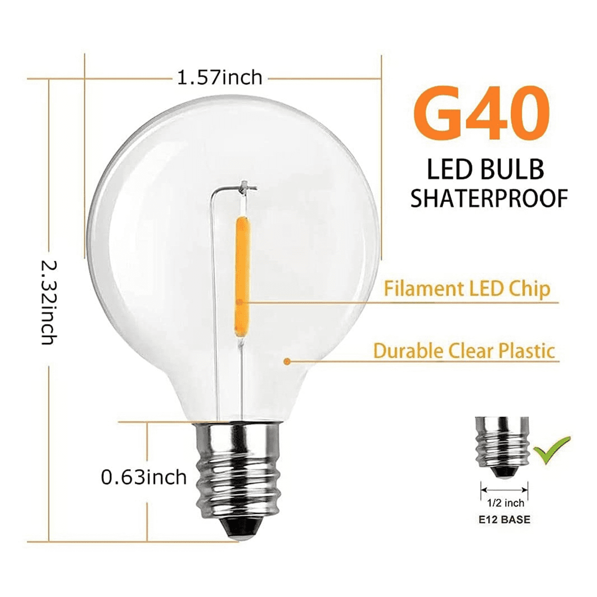60 Pcs G40 LED Replacement Light Bulbs E12 Screw Base Shatterproof LED Globe Bulbs for Solar String Lights Warm,60 x G40 light bulbs,Clear