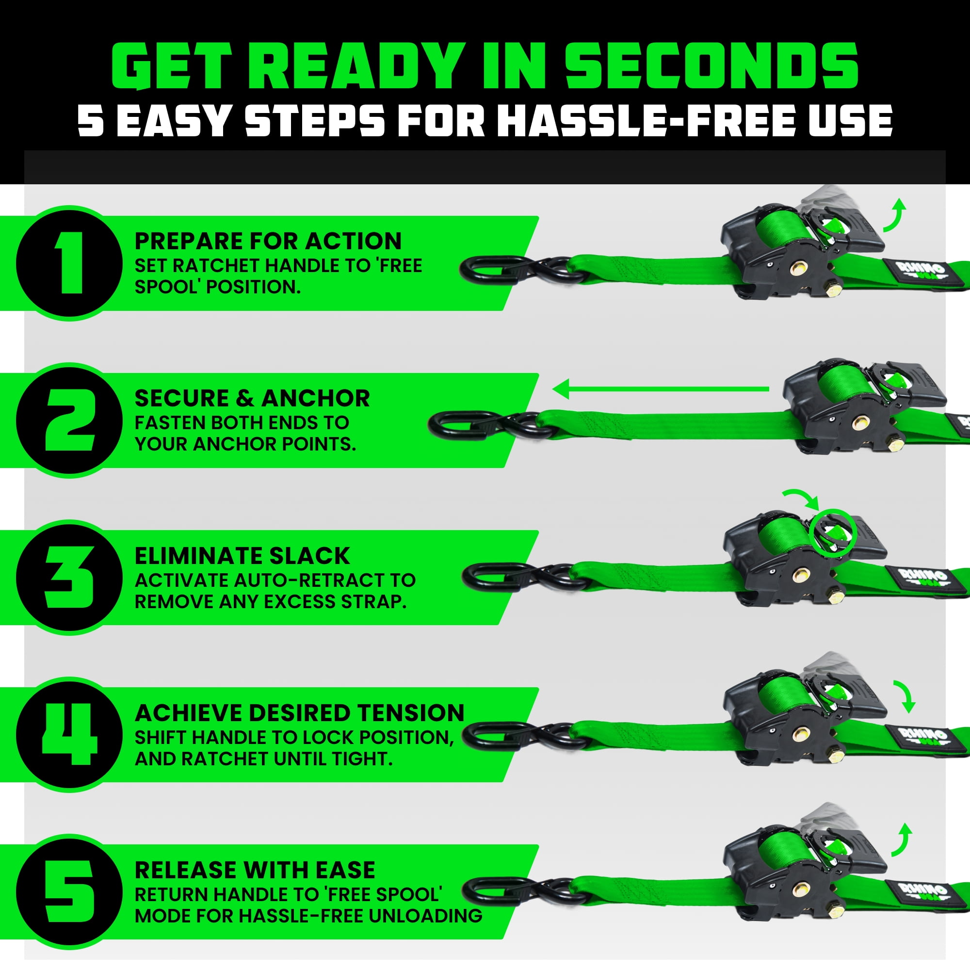 Rhino USA Heavy Duty 2" x 10' Retractable Ratchet Straps 3,033lb Break Strength (Green 4 Pack)