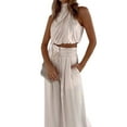 thumbnail image 2 of sunsanly 2 Pcs/Set Women Cro Top Pants Set Sleeveless High Collar Pleated Short Top Solid Color Drawstring High Waist Wide Leg Loose Trousers Set, 2 of 8