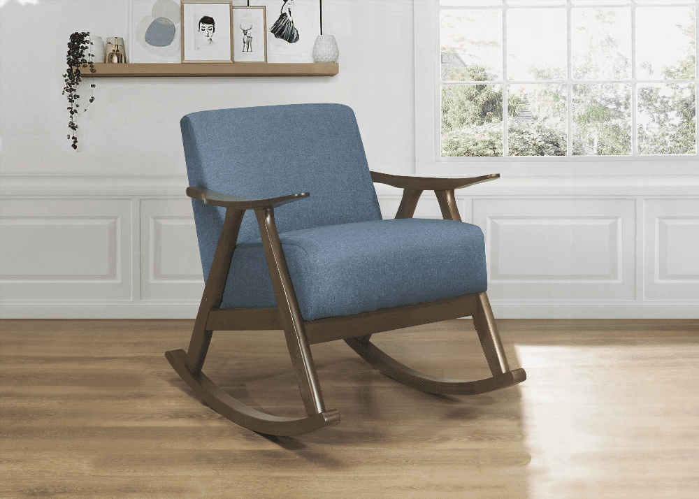1-Piece Modern Rocking Chair - Blue Fabric on Dark Walnut Finish Wood with Cushion Seat and Back