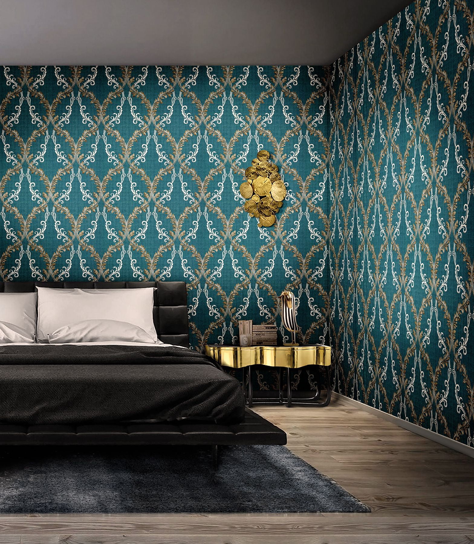 M5644 Dis Rumba Blue Scroll Damask Wallpaper from Brewster Blues Traditional Damasks Made in Italy