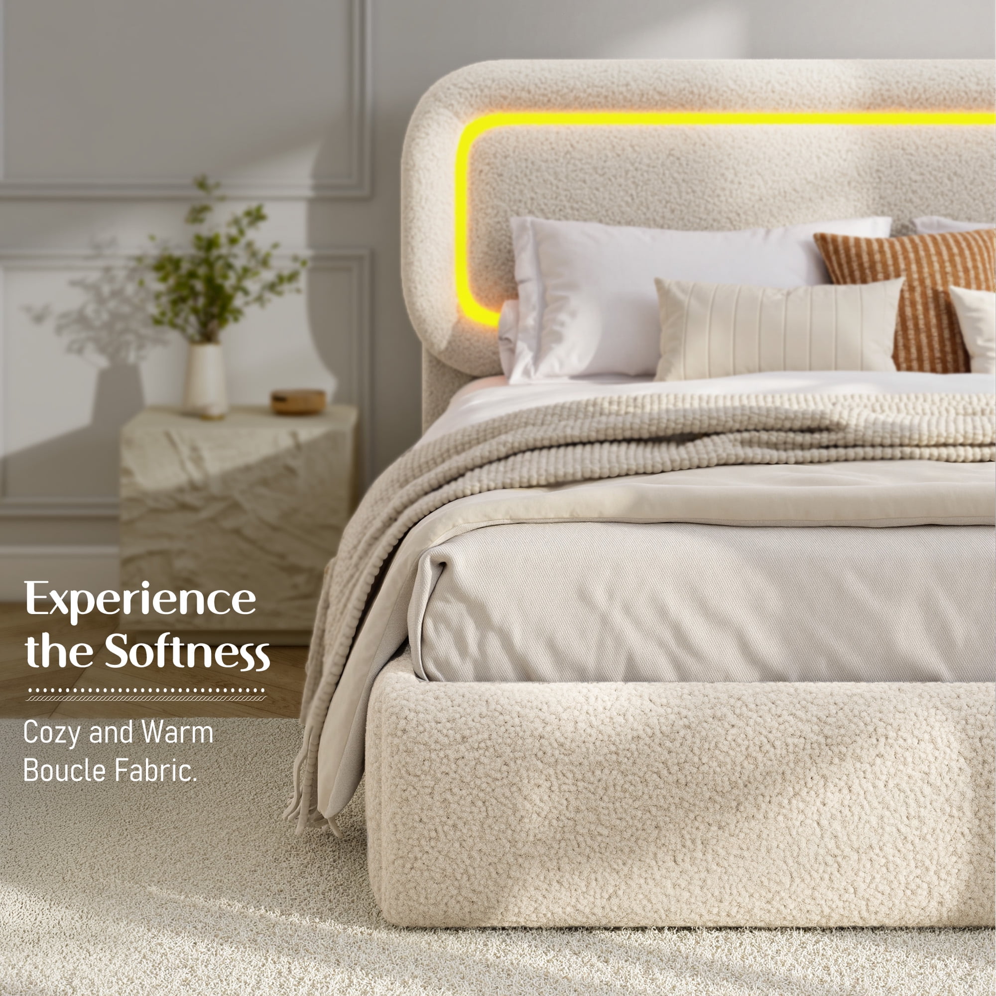 EnHomee Boucle Bed Frame with Rounded Corner Cloud Bed Frame with Headboard Upholstered Bed Frame Queen Size ,Beige