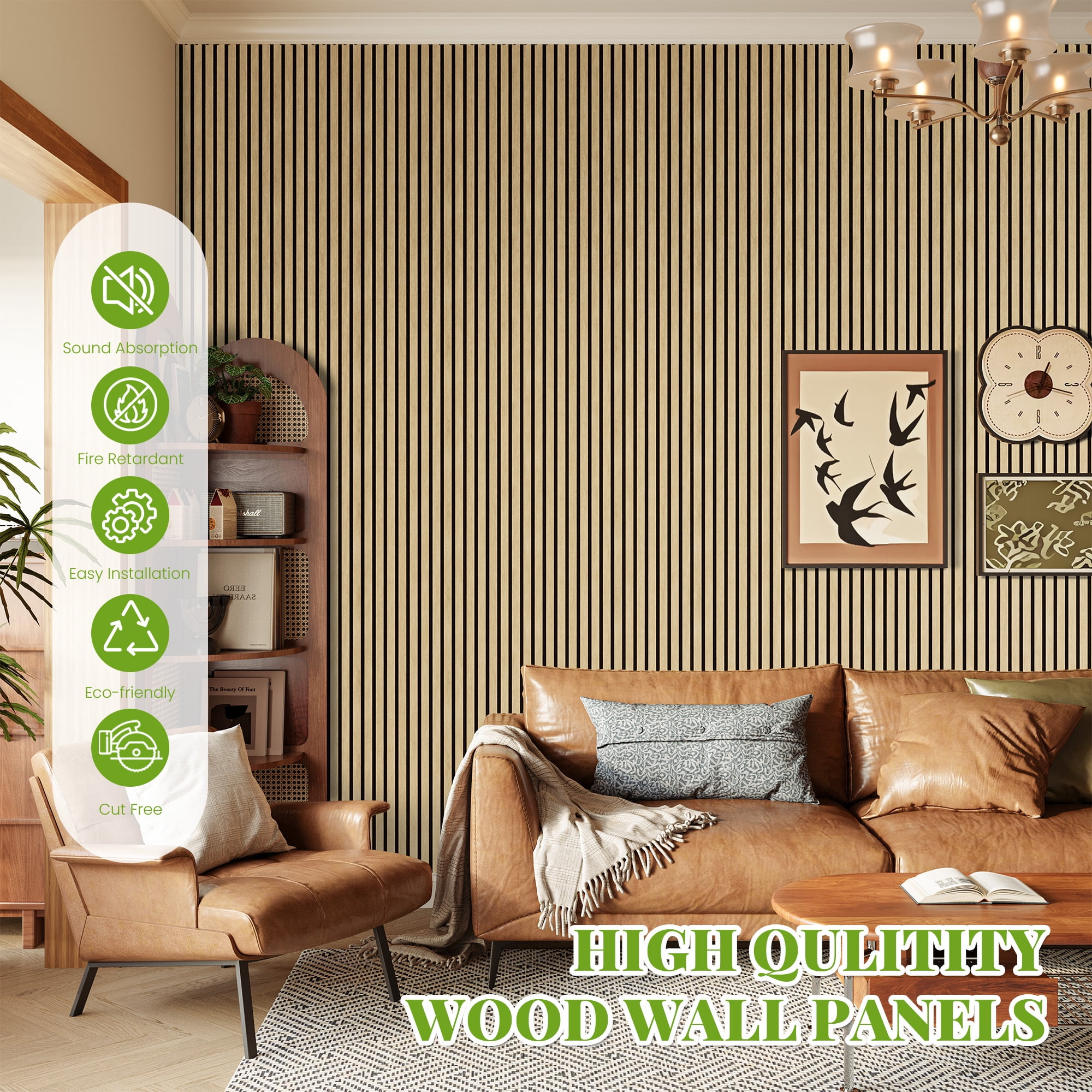 Plank & Hue 2Pcs 106"x12.6" Wood Slat Acoustic Wall Panels, 3D Fluted Soundproof Decorative Panels for Interior Walls, White Oak