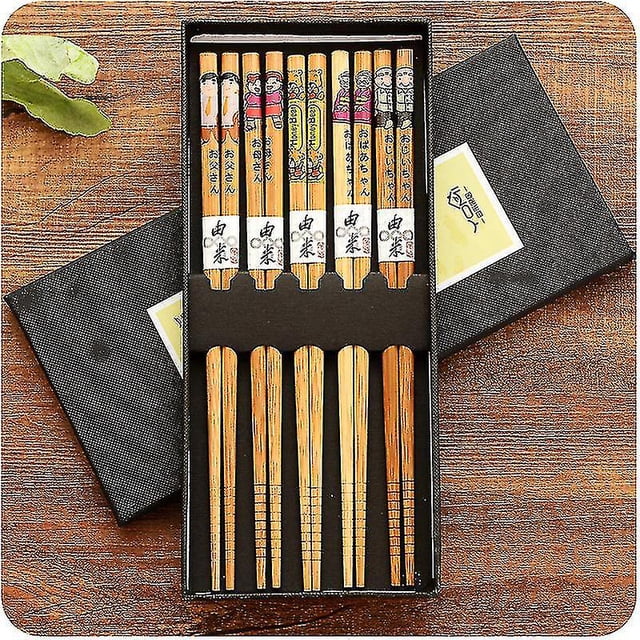 5 pares de palillos chinos ecológicos de bambú hechos a mano de madera, palillos chinos de sushi de madera, palillos chinos de flores de cerezo con gato de la suerte, varios estilos familiares