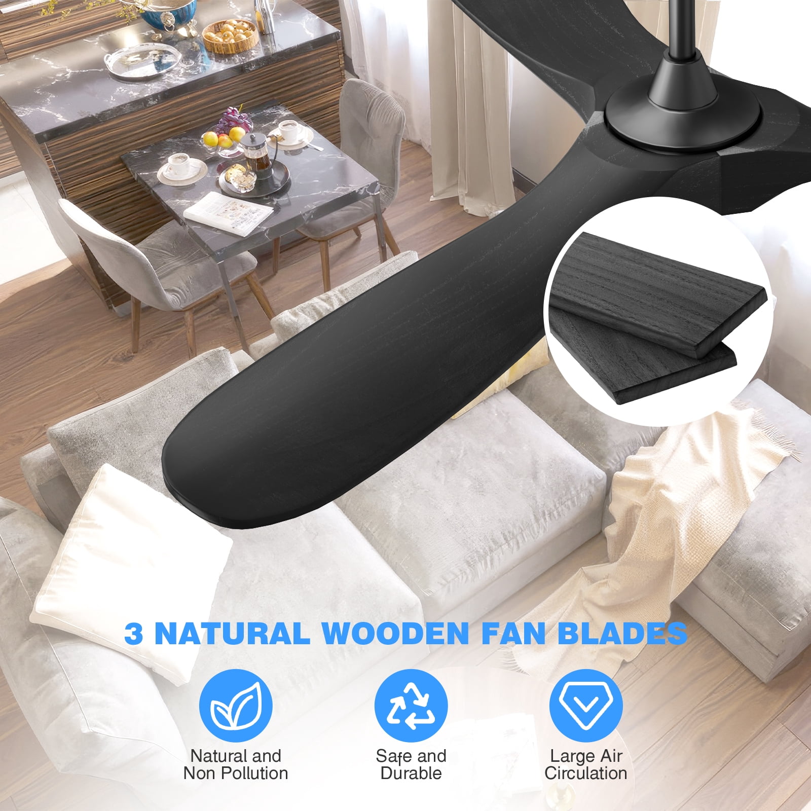 60 inch Modern Black Outdoor Ceiling Fan with Remote, No Light, Quiet Reversible DC Motor