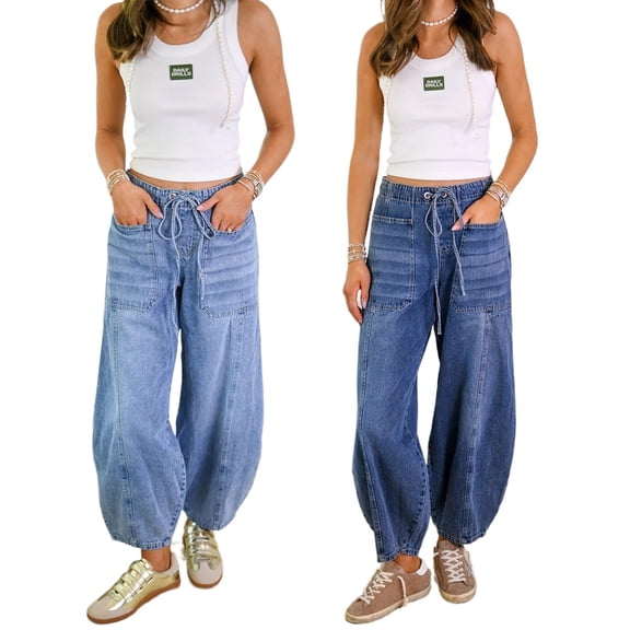 LYMAYTER Womens Barrel Jeans Baggy Boyfriend Denim Pants Elastic Waist Casual Crop Denim with Drawstring