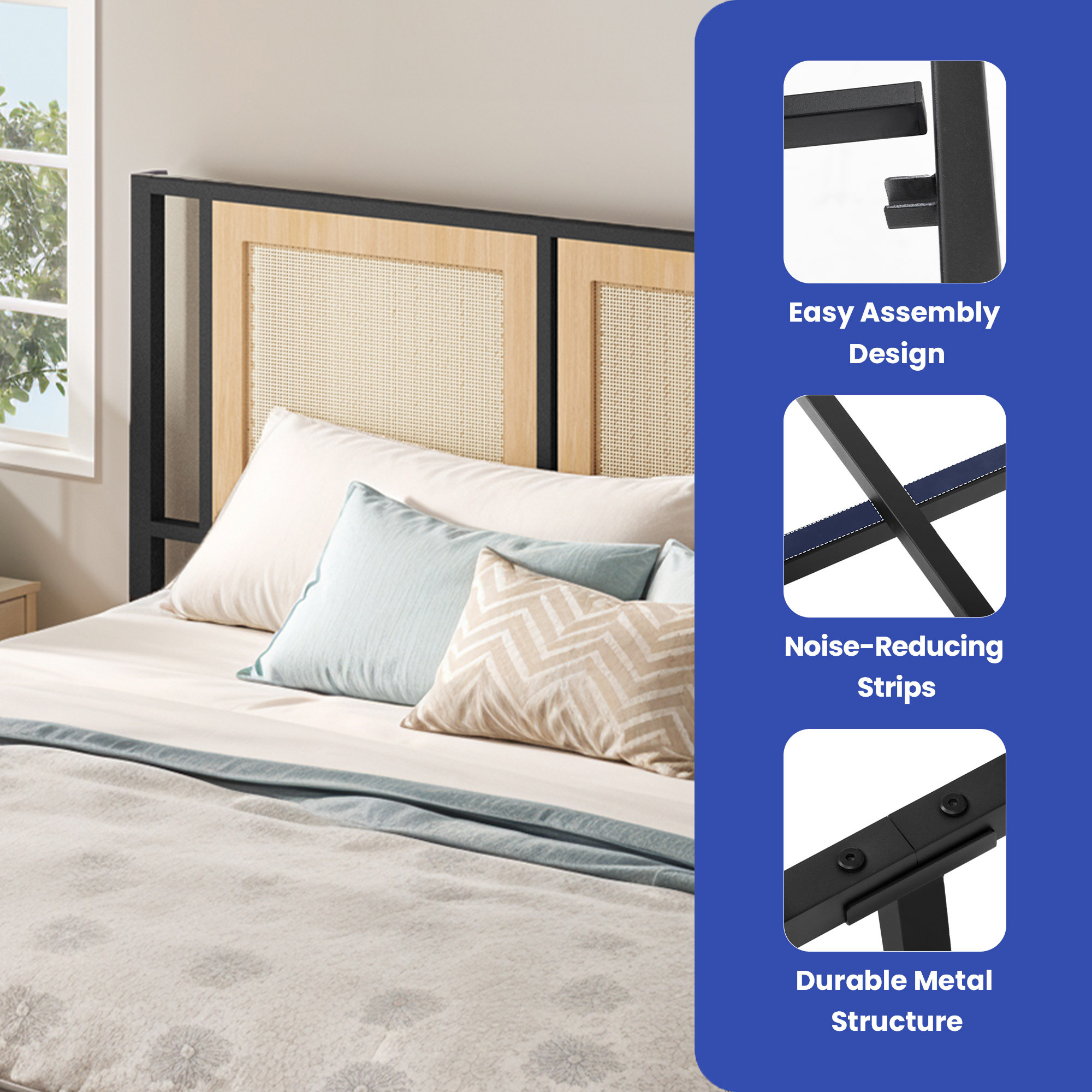 ModFusion- Modern King Size Bed Frame with Hand-Woven Rattan Design, Dual Storage Drawers, and Noise-Free Metal Slat Support, Easy Assembly , Brown