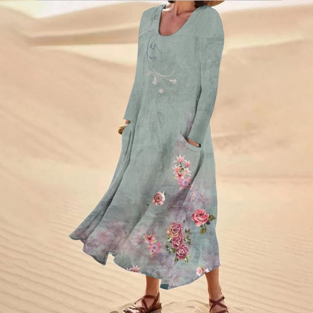 JUNWELL Robes Grande Taille pour Femmes Robes d'Été Print Robes à Manches Longues avec Poche jusqu'à 65% de Réduction