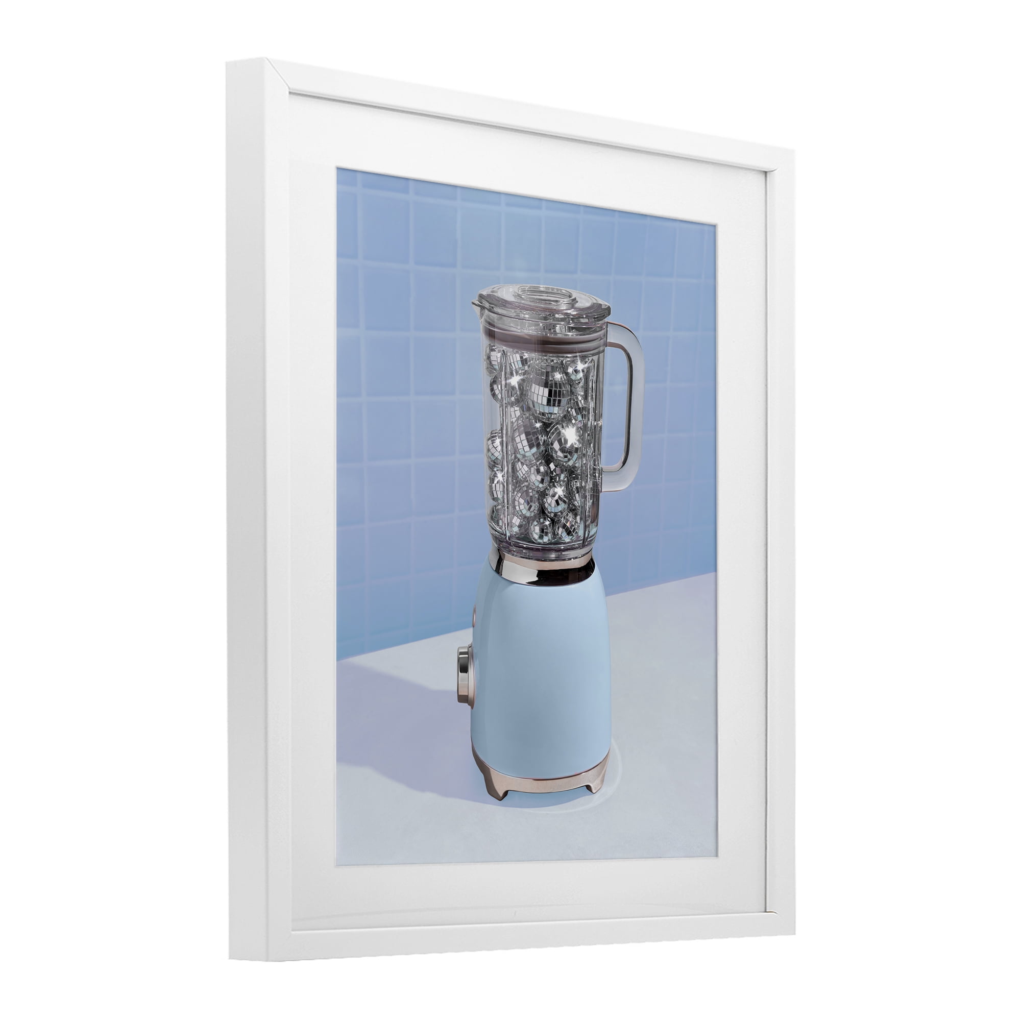 Blue Retro Disco Blender White Framed Print Under Glass, design by LISH Creative
