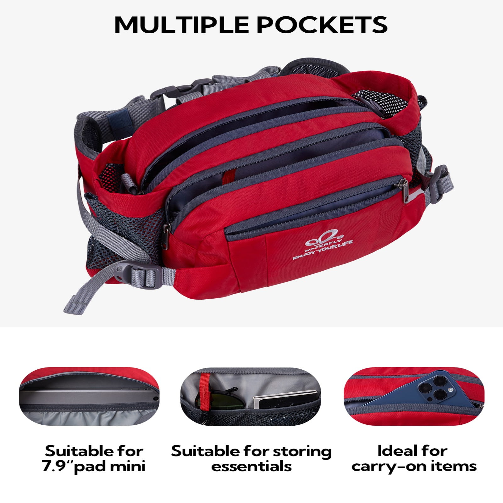 WATERFLY Unisex Large Capacity Hiking with Bottle Holder Nylon Fanny Pack Waist Bag,Red
