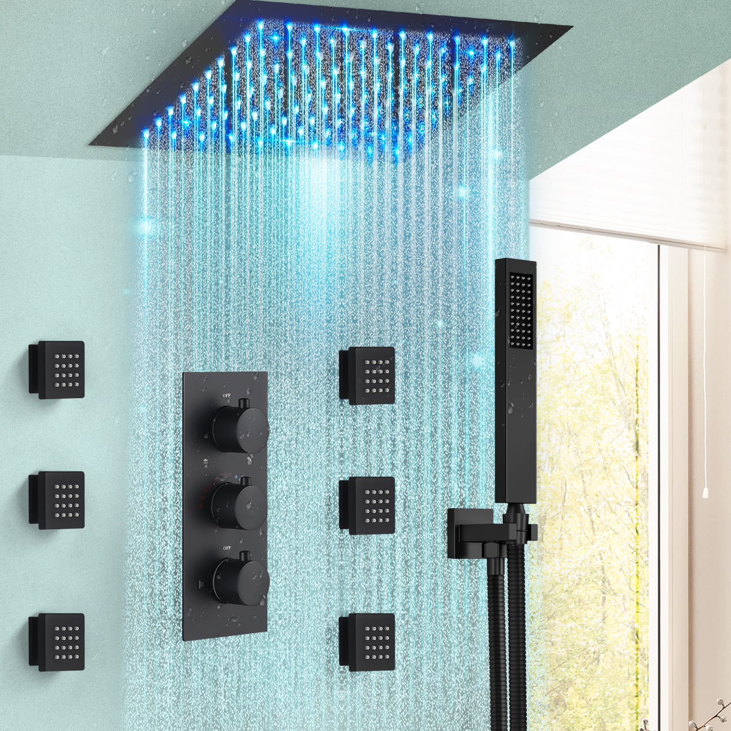 Shower Panel Tower LED Rain&Waterfall Jets&Hand W/Massage Body System Spray USA 