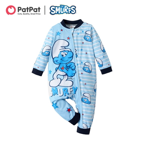 PatPat Smurfs Combinaison une Pièce en Coton à Rayures Smurfy à Fermeture Éclair devant