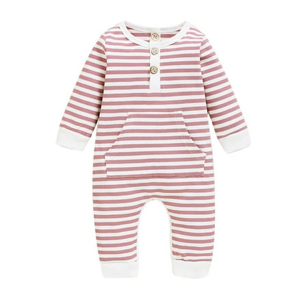 

TUOBARR Toddler Baby Boys Girls Long Sleeve Striped Print Romper Jumpsuit Pink (0-18Months)