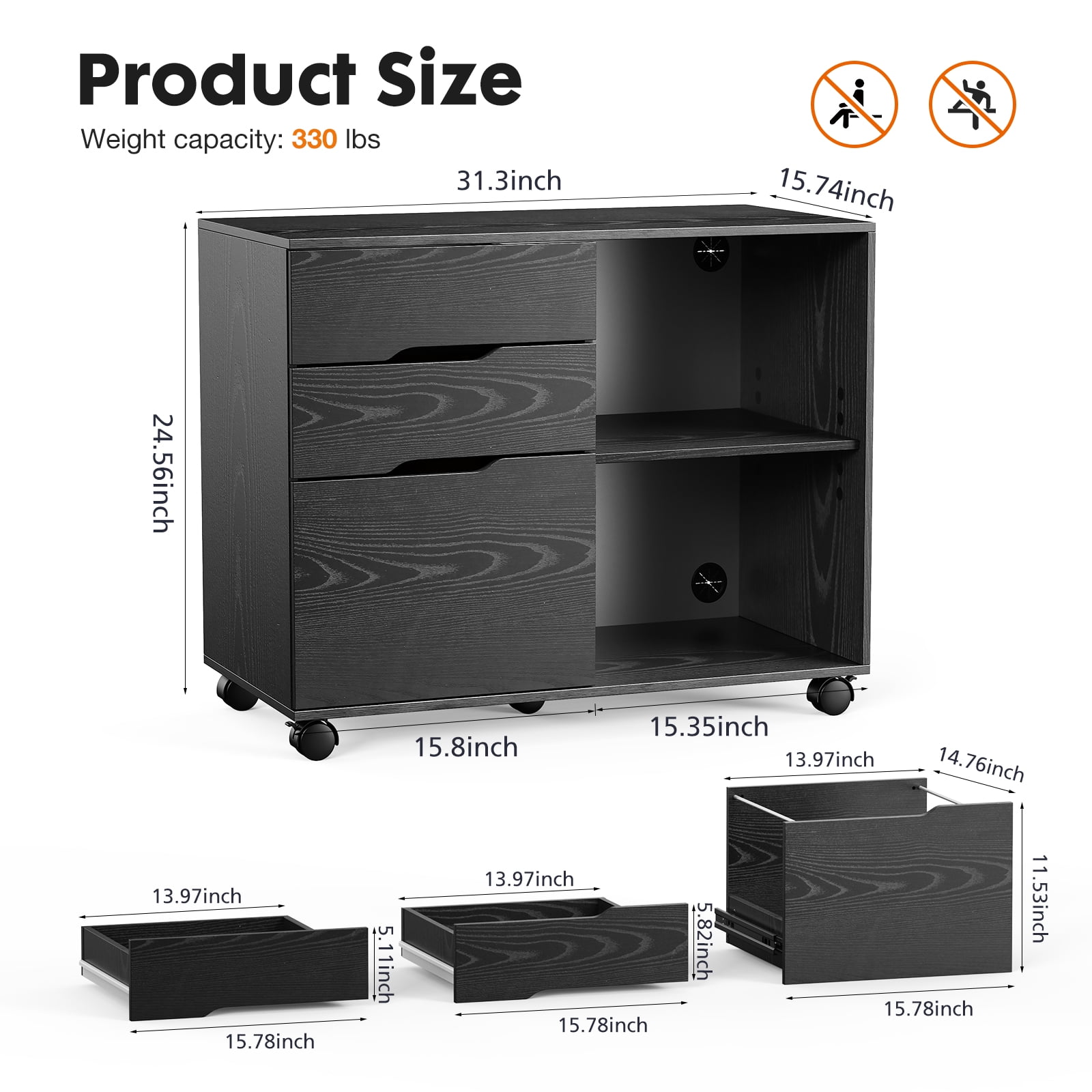 LIFERECORD 3-Drawer Rolling File Cabinet with Open Shelf, Fabric Filing Storage for Home Office, Black