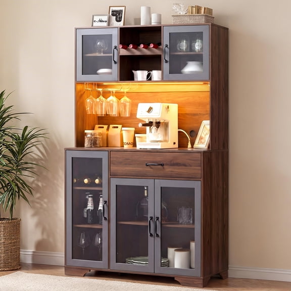 71" Tall Pantry Cabinet with LED Lights & Charging Station, Glass Doors, Wine Rack, Adjustable Shelves, Kitchen Hutch Coffee Bar for Kitchen, Dining Room, Brown