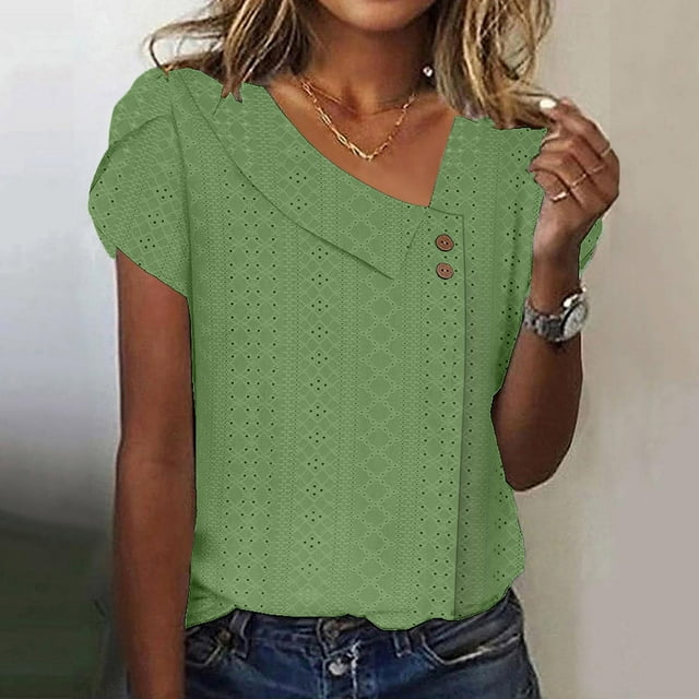 asjyhkr Womens Summer Tops Short Sleeve V Neck Casual Loose Fitting Solid Color Lightweight Tees