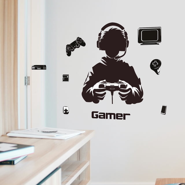 Adhesivos de pared con diseño de jugador de dibujos animados de Gamer Boy con auriculares de PVC, 38