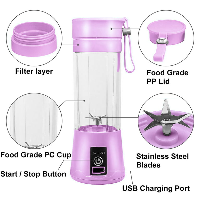 Juice Blender, 380ml Portable Small Juicer Bottle, Personal Blender Bottle,  USB Rechargeable Fruit Mixer Bottle, Purple