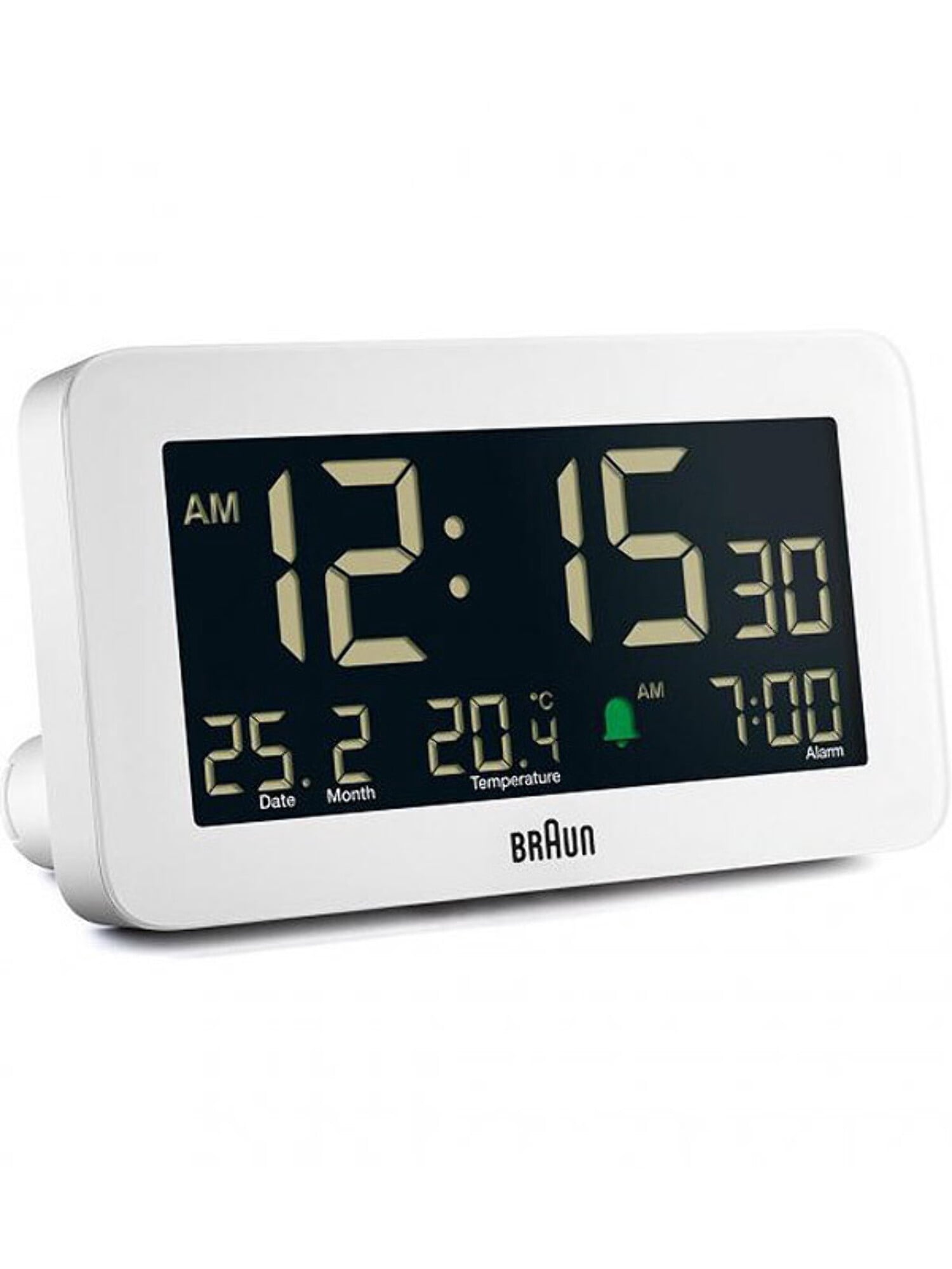 Braun Digital Alarm Clock with Date, Month and Temperature Displayed, Negative LCD Display, Quick Set, Crescendo Beep Alarm in White, model BC10W.