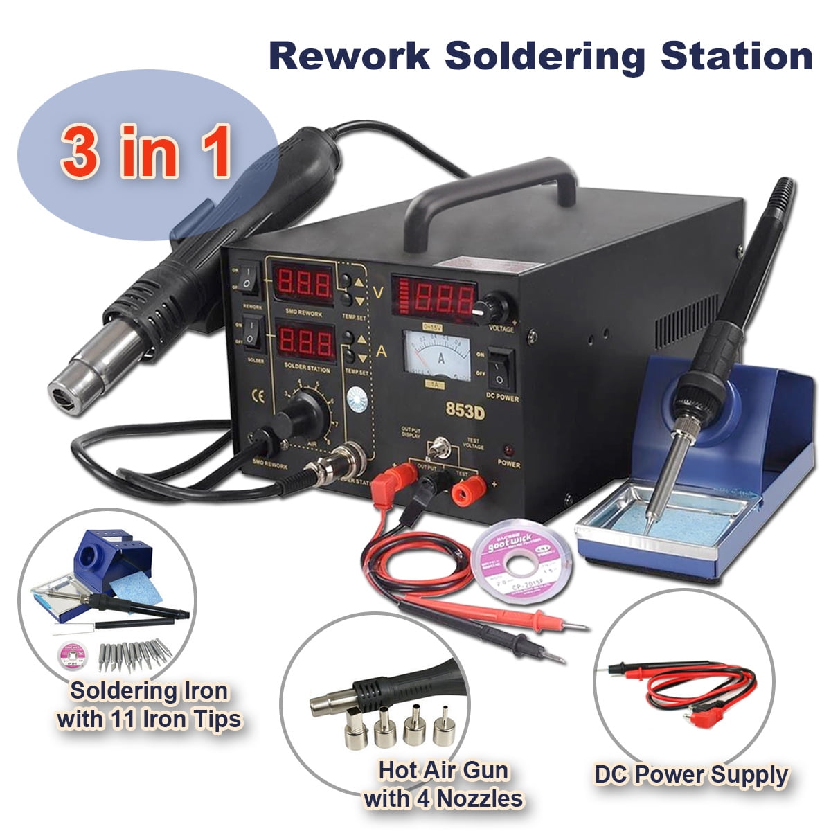 YIHUA 853D Soldering Station Rework Solder Iron Hot Air Gun Welding Tool USB 2A